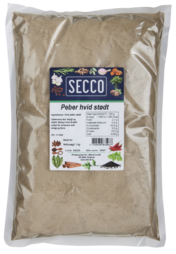 Peber hvid stødt Secco 8x1kg (Kasse - 8 stk)